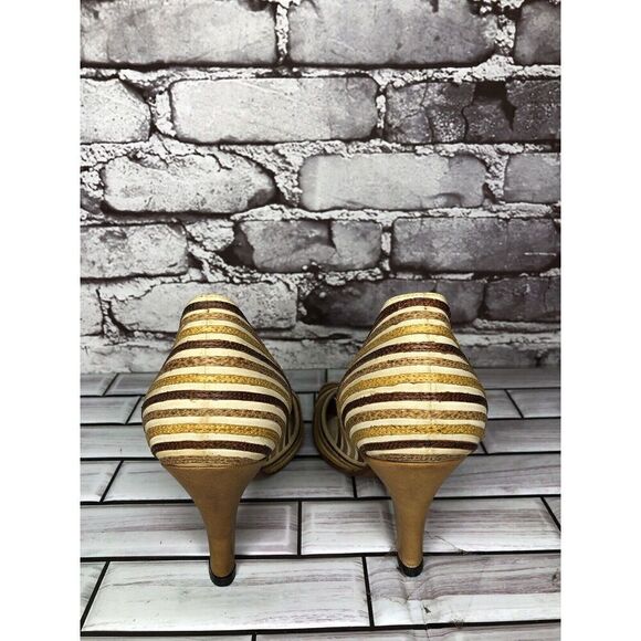 Marcello Toshi Gold Brown Stripe Fabric Peep Toe 5” High Heels Women Sz 6M US/37 - Picture 7 of 16